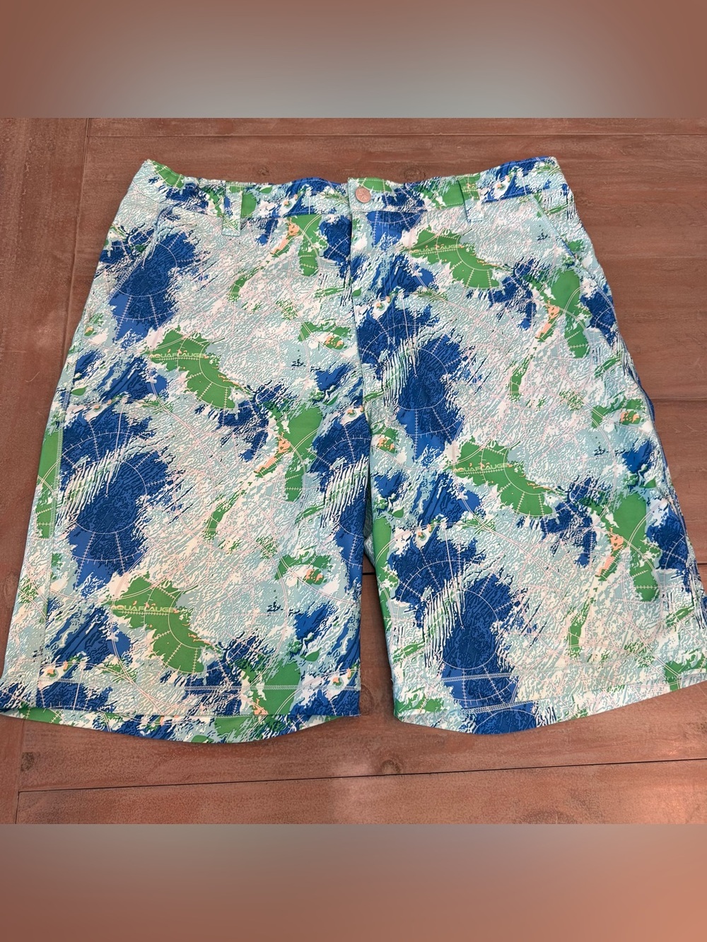 Reel Legends Shorts Mens L Blue Green Performance Fishing Polyester Abstract